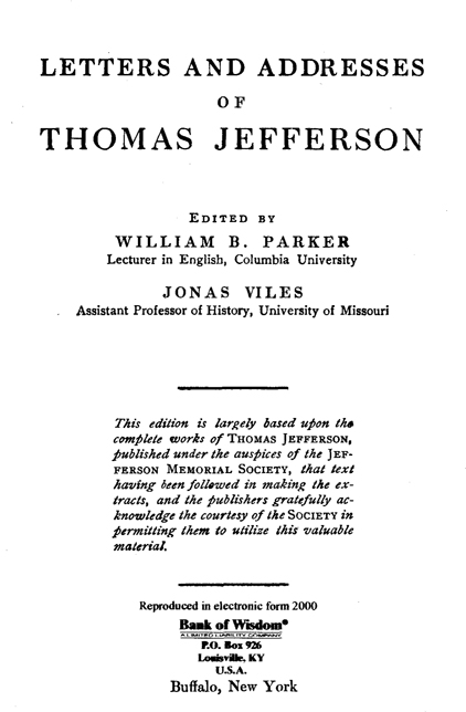 Letters and Addresses of Thomas Jefferson